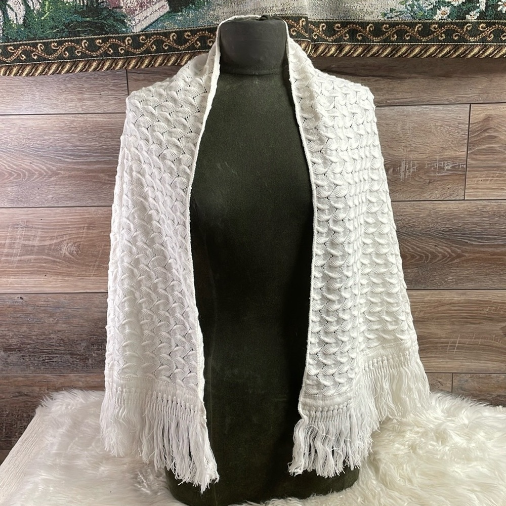 Burdines Sunshine Fashions Vintage Shawl , White with Fringe, 58” Wide